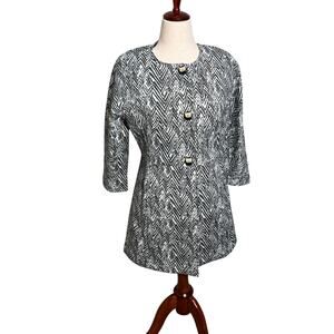 CAbi Zig Zag jacket ponte knit black white button front pockets 3/4 sleeve Sz M